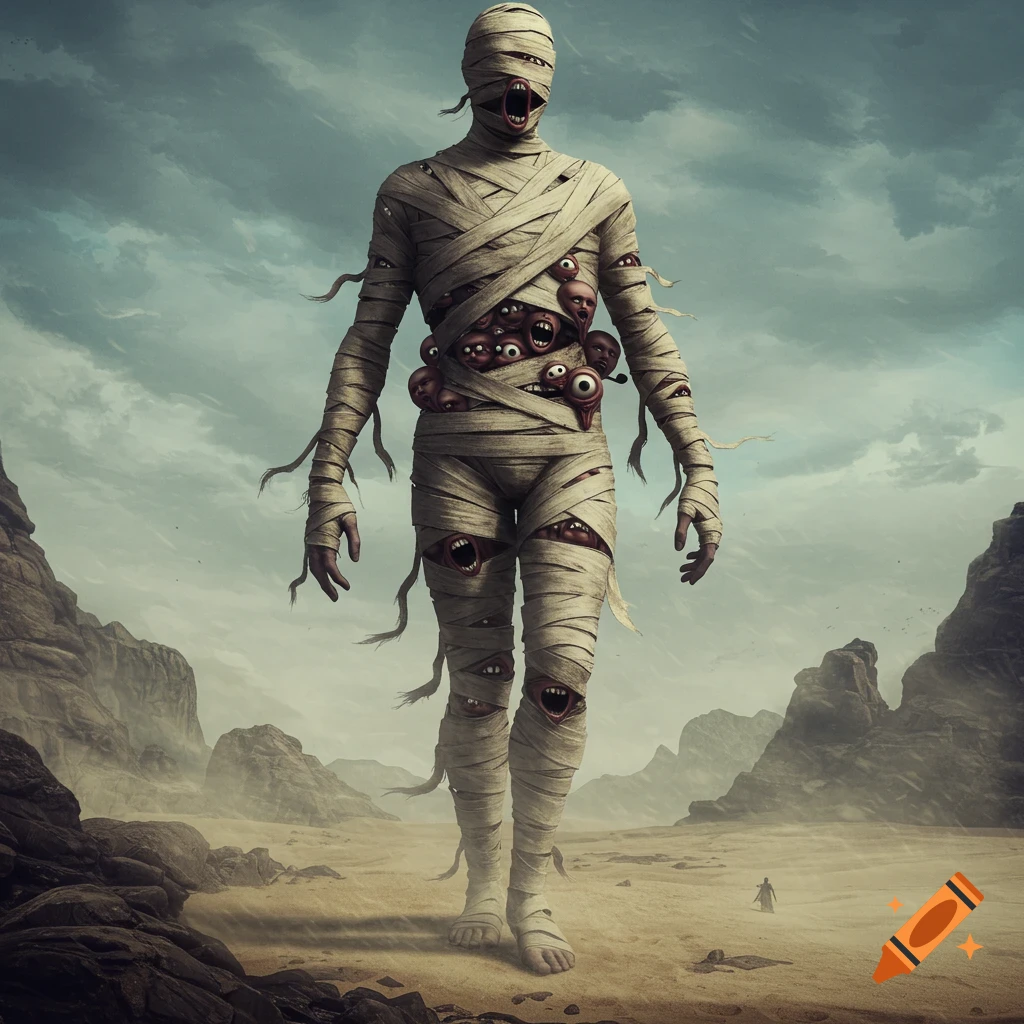 A tall, mummified creature with many eyes and mouths peeking from its bandages walks through a desolate, rocky desert.