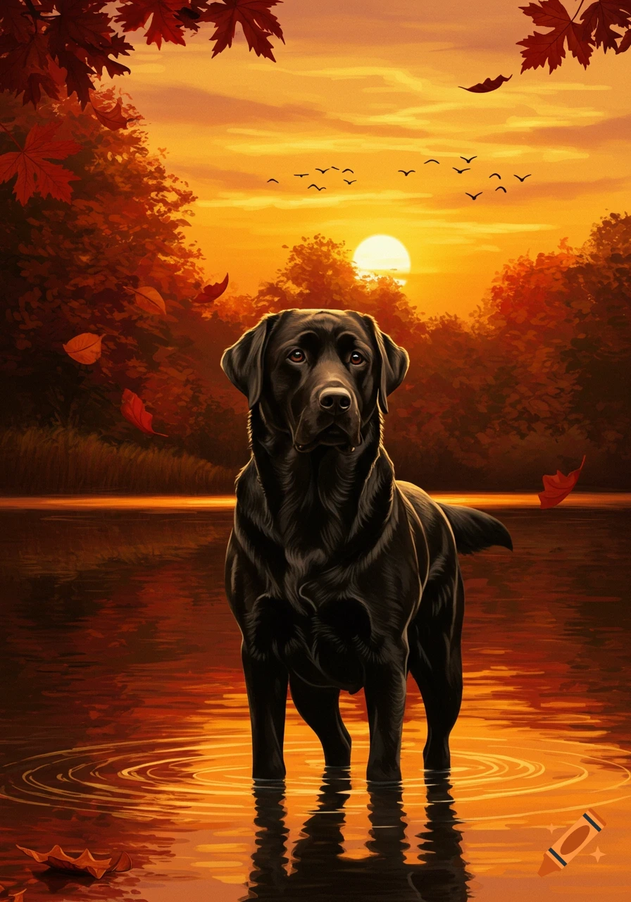 An illustration of a black Labrador dog standing in water at sunset with autumn leaves.