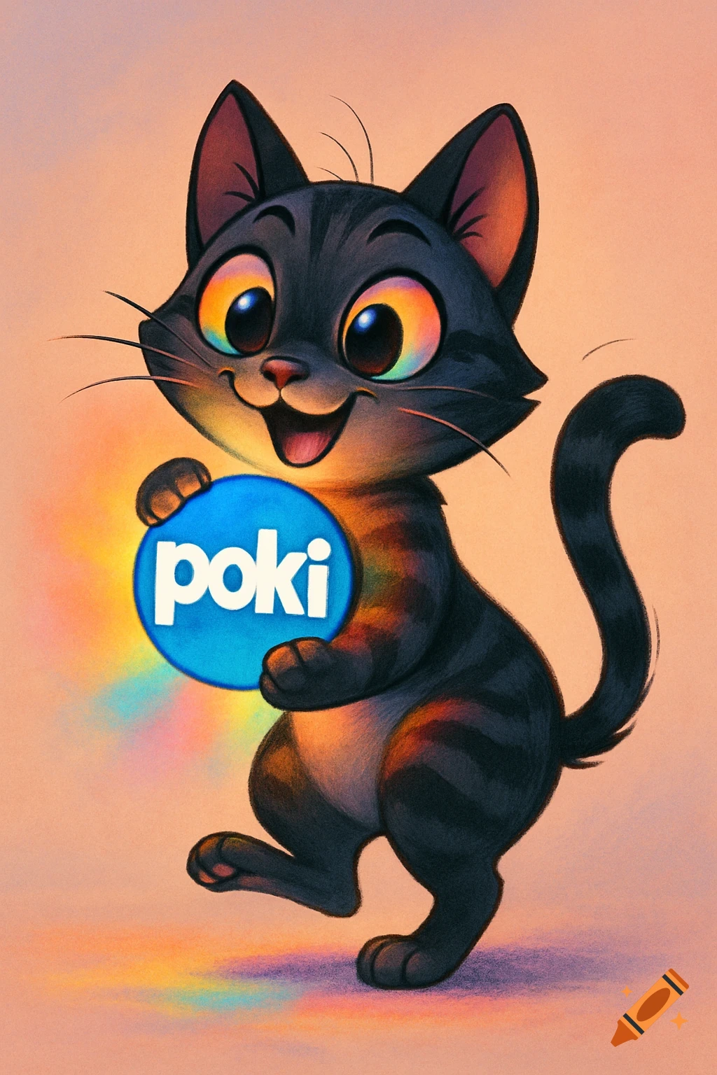 A cartoon black cat with large, colorful eyes holds a blue circle with the white text 'poki'.
