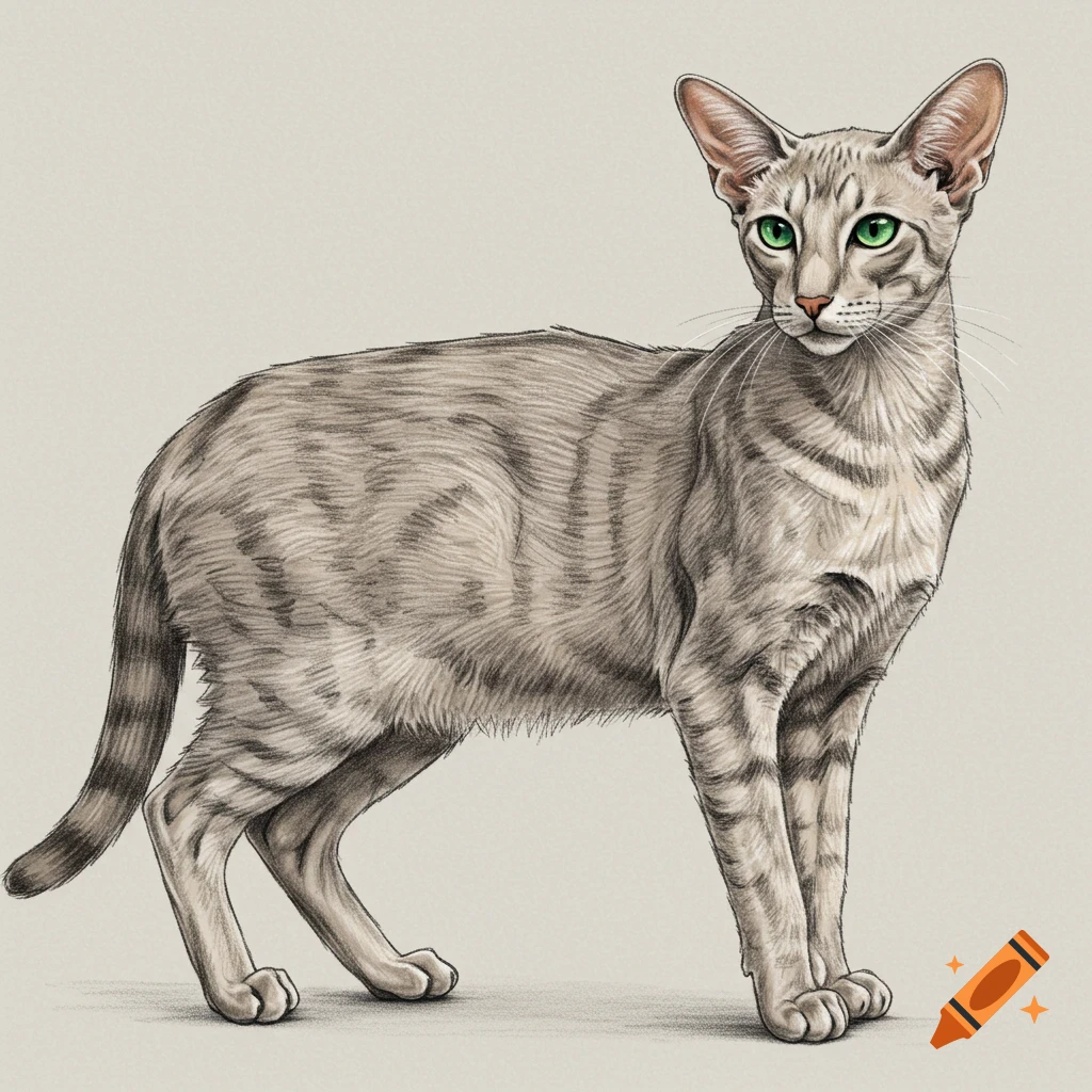 Detailed drawing of a gray tabby cat with large ears and bright green eyes, standing against a light background.