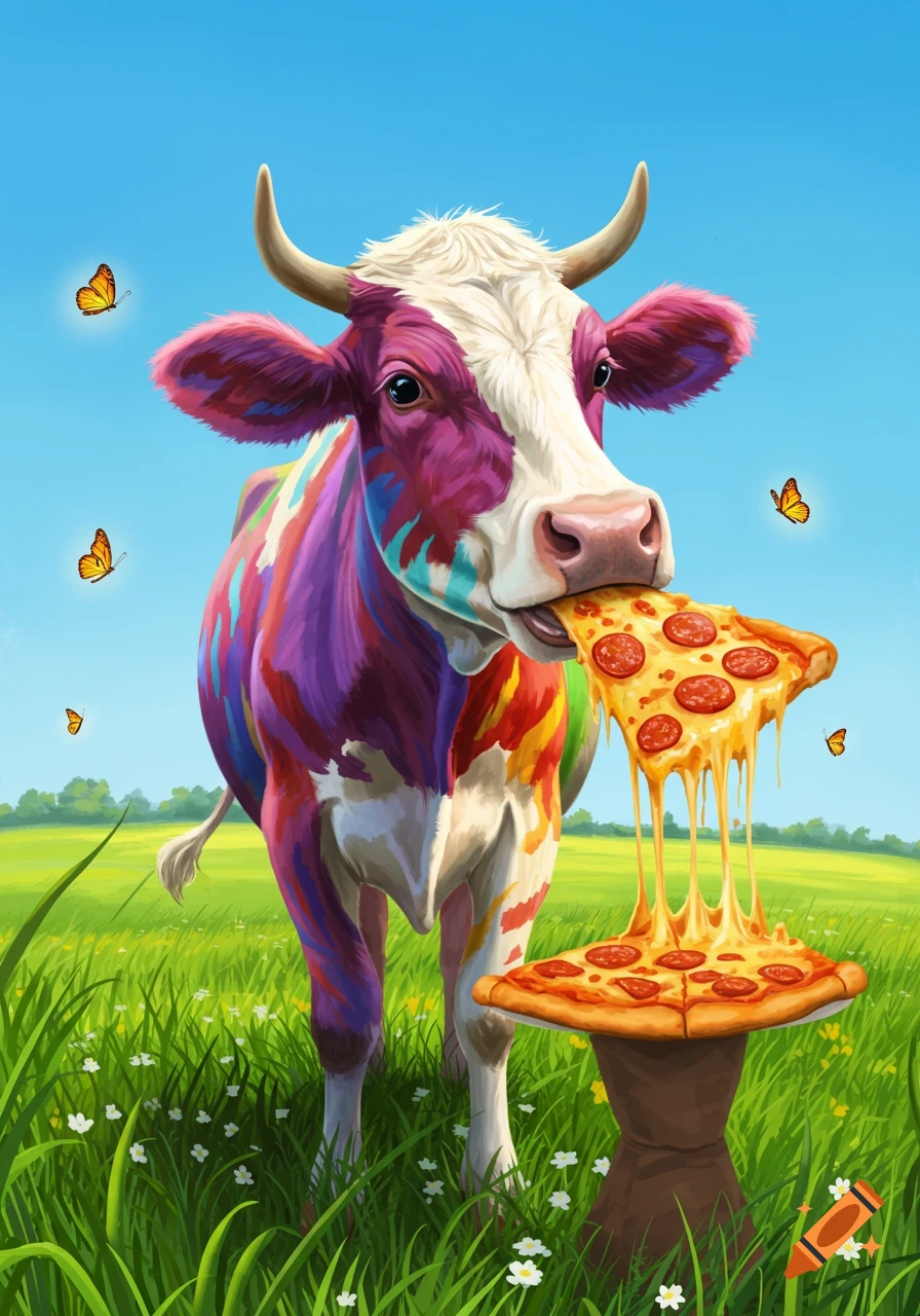 A colorful rainbow cow eats a cheesy pizza slice, with another pizza on a stand, in a sunny green field with butterflies.