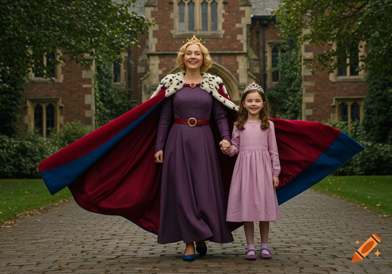 A smiling woman in a purple gown, red cloak, and gold crown holds hands with a girl in a pink dress and tiara, outside a brick building.