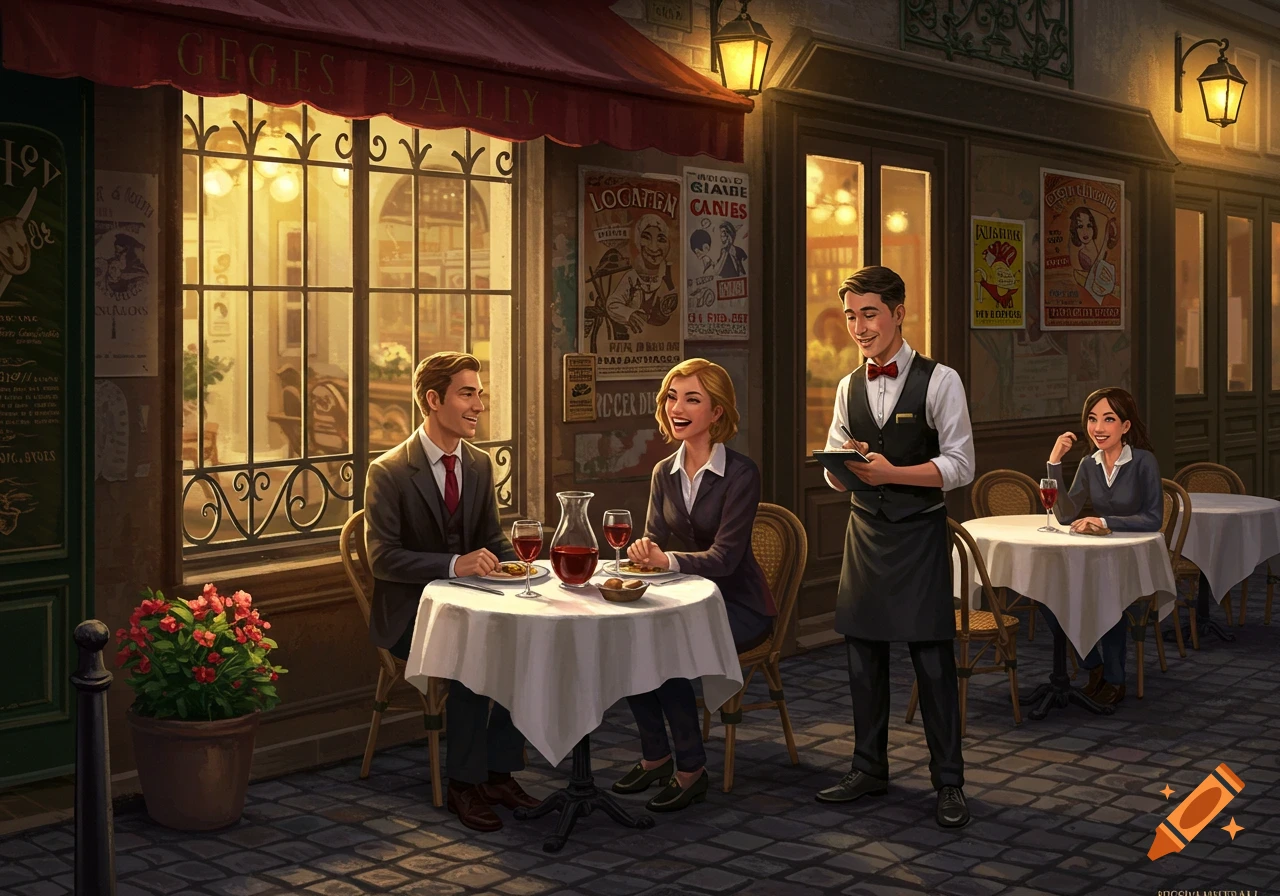 A man and two women happily dine at an outdoor French restaurant with a smiling waiter taking an order, bathed in warm evening light.