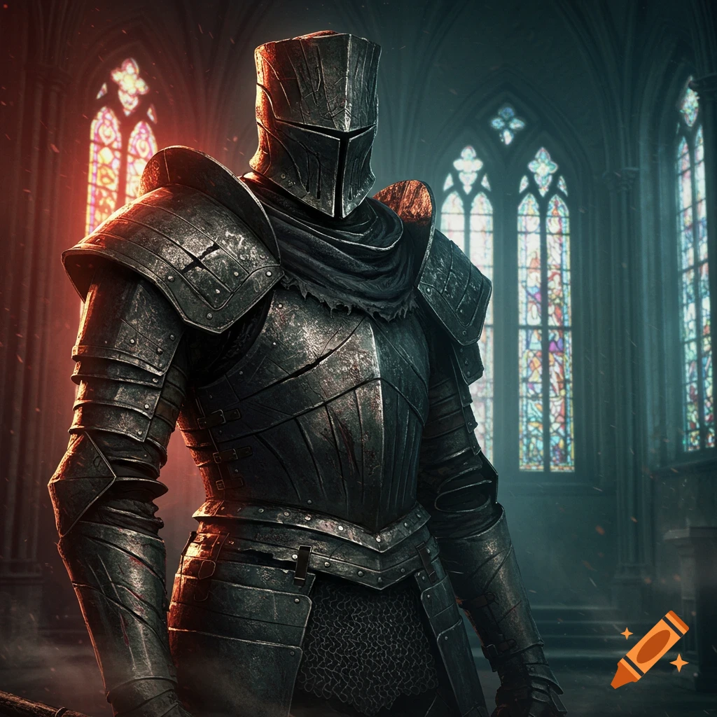 A knight in worn dark metal armor stands in a gothic cathedral with glowing stained glass windows.