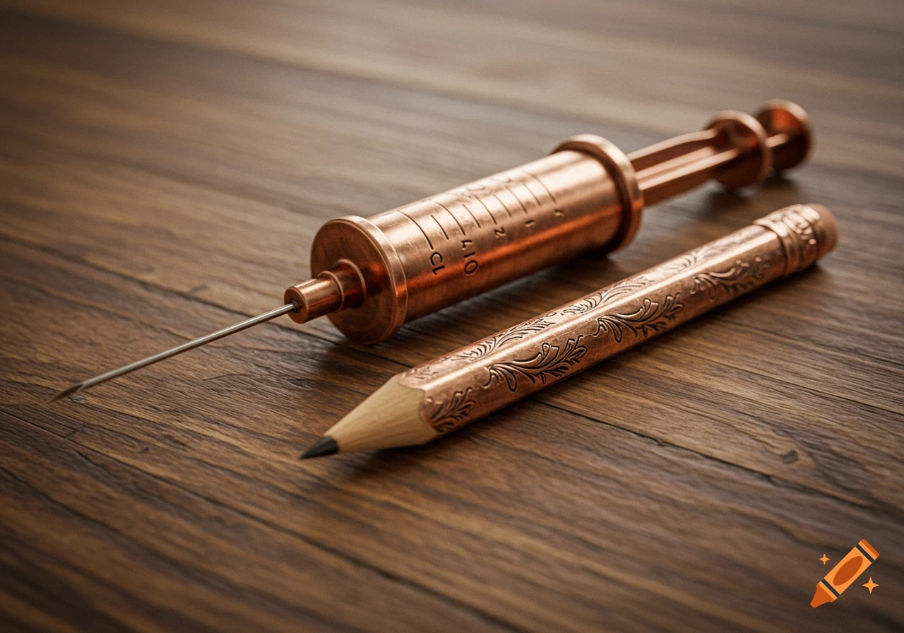 A photorealistic still life of a shiny copper syringe with a needle next to a detailed copper pencil, all on a wooden surface.