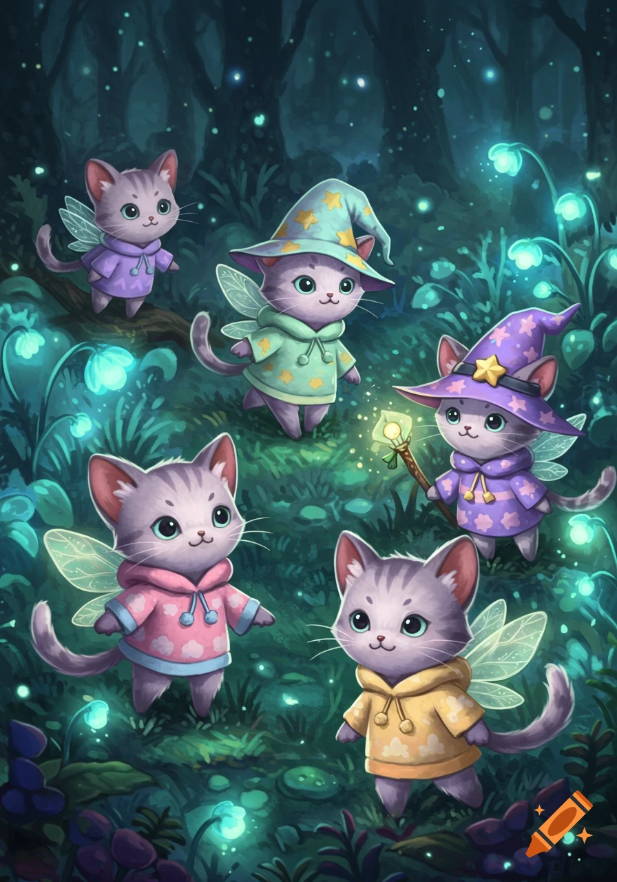 Five cute fairy-like cats with wings, wearing hoodies and wizard hats, stand in a glowing, magical forest.