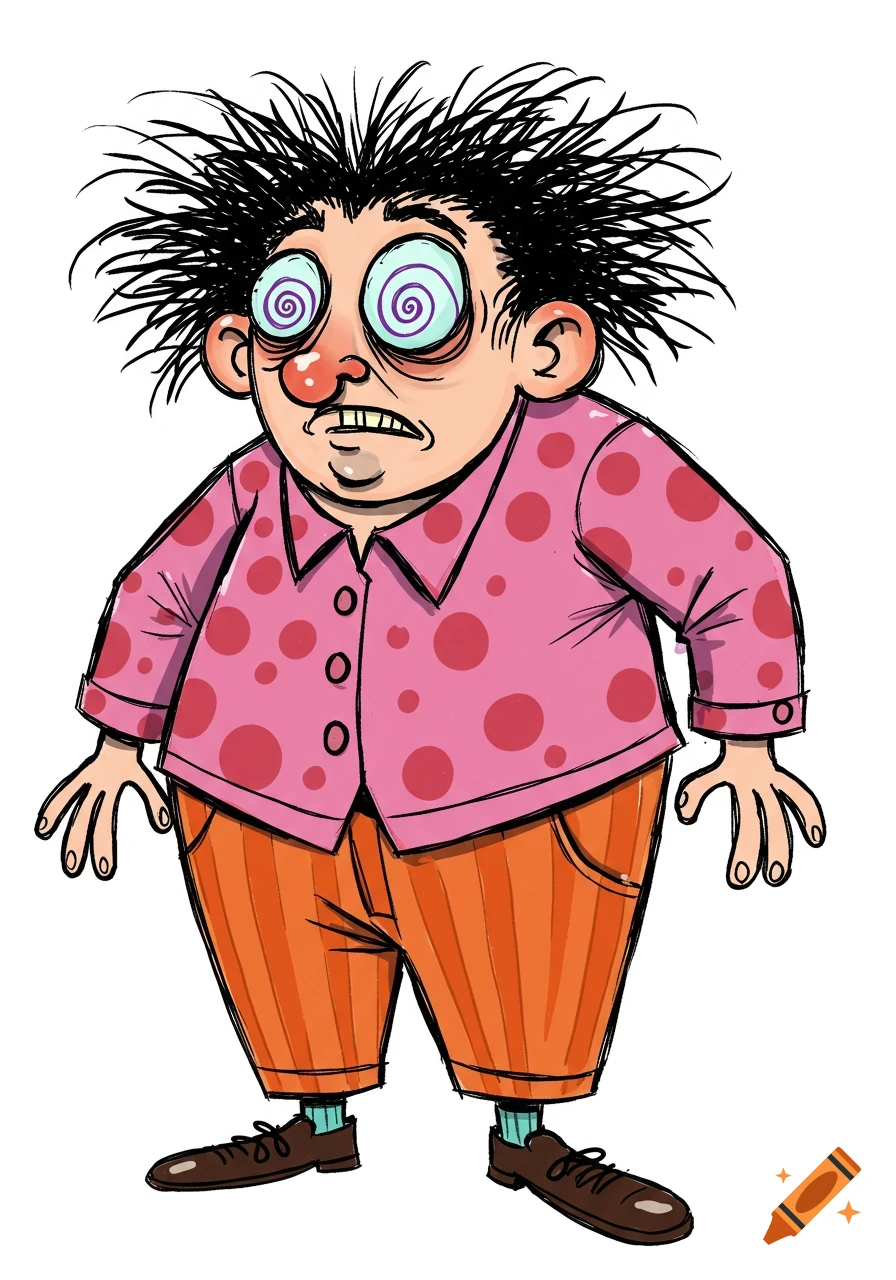Cartoon illustration of a disheveled man with messy hair and swirling, dizzy eyes, wearing a pink polka-dot shirt.