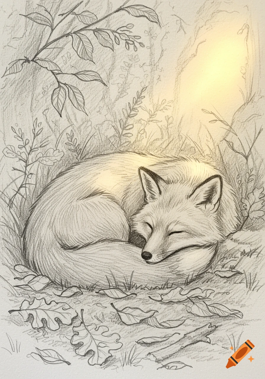 A pencil sketch of a sleeping fox curled up amidst autumn leaves and grass in a forest, illuminated by a bright light.