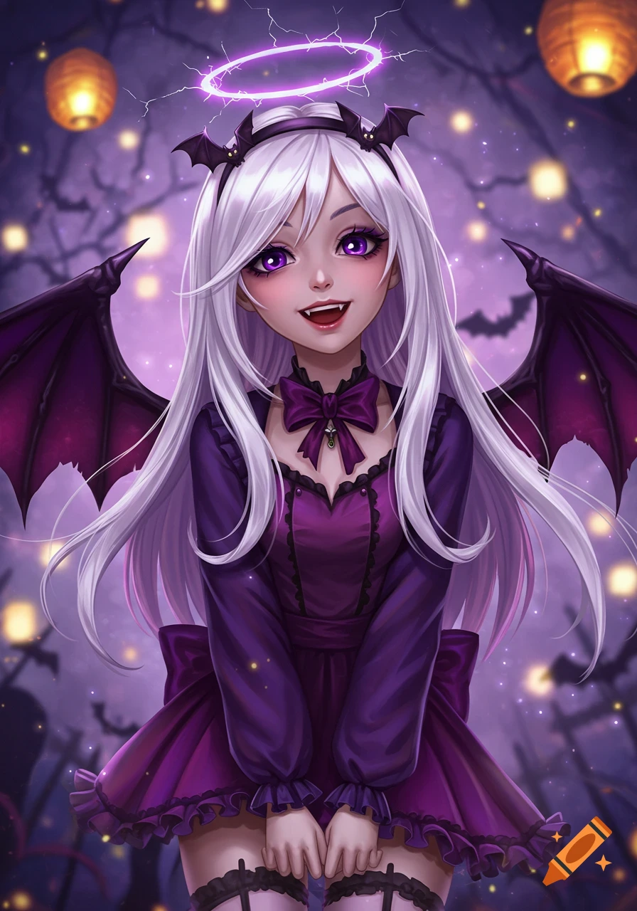 Anime girl with white hair, purple eyes, bat wings, and a glowing halo in a dark purple Halloween dress, smiling against a spooky background.