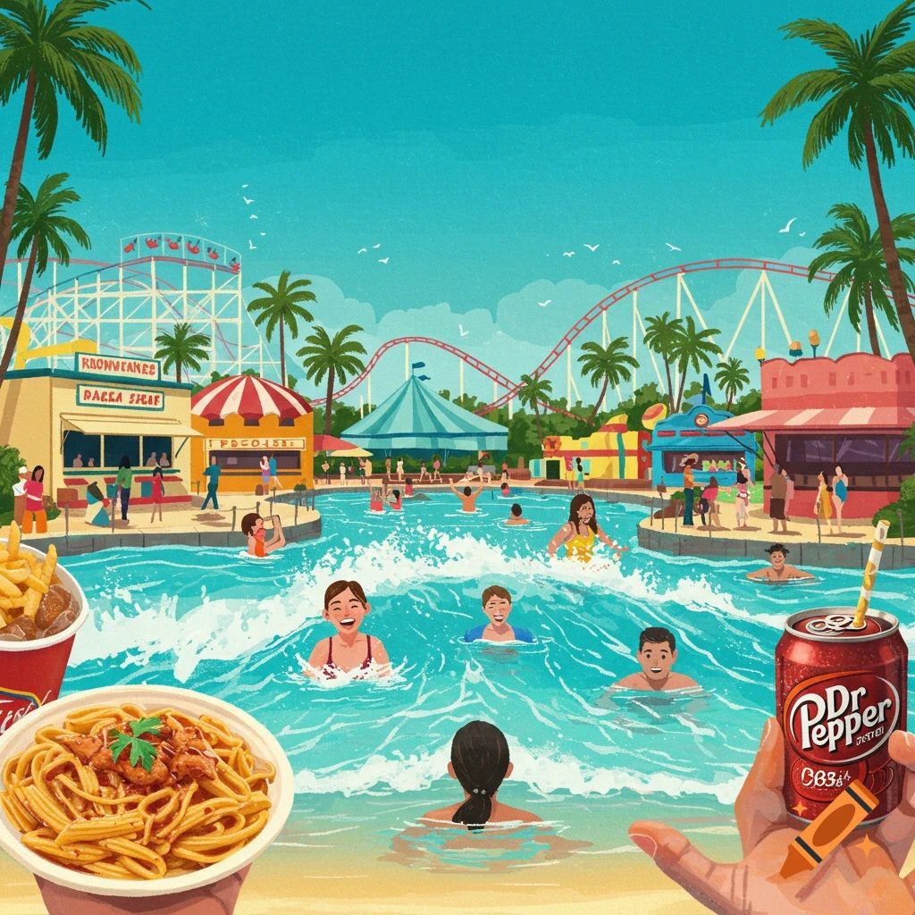 Vibrant illustration of a summer water park with people in a wave pool, roller coasters, food stalls, pasta, fries, and a Dr Pepper can.