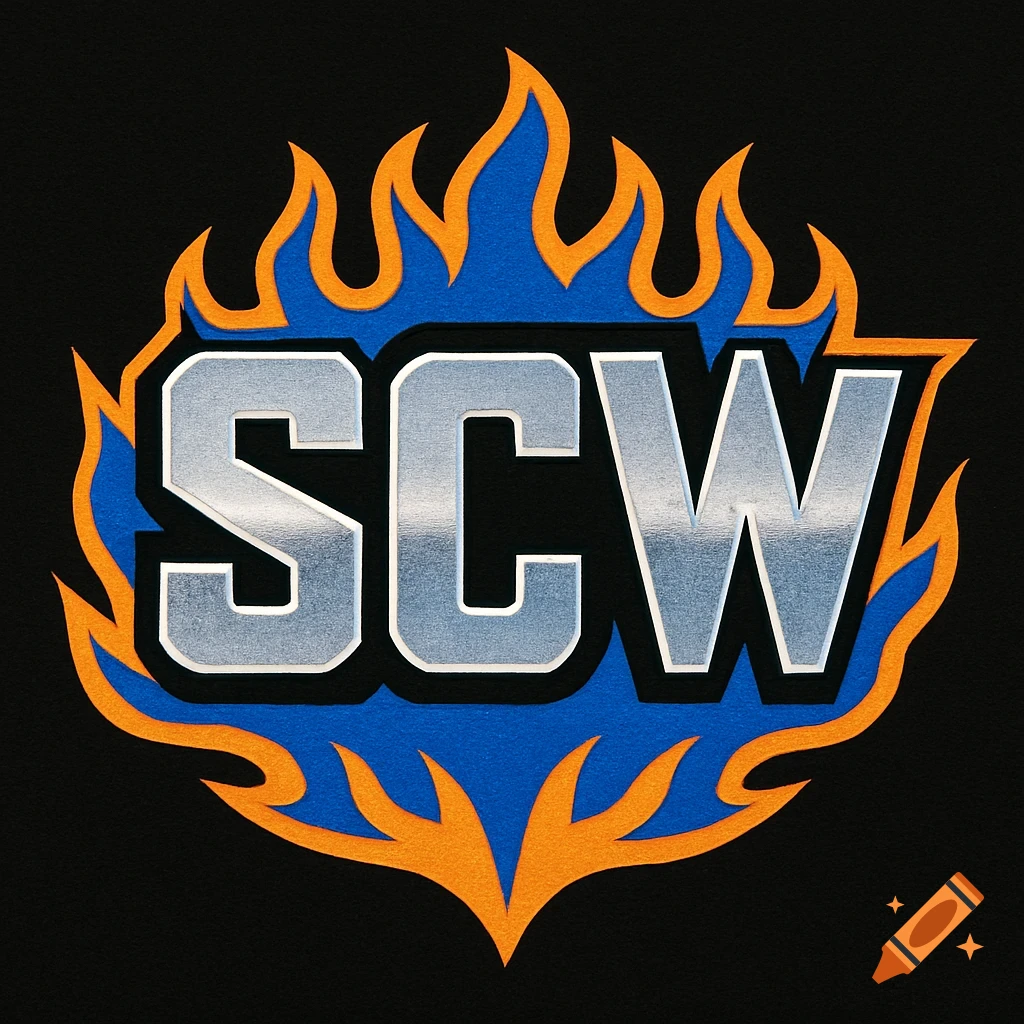 A logo with silver letters "SCW" on a blue background surrounded by orange flames against a black background.