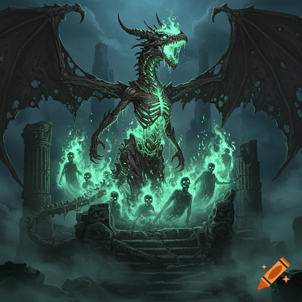 A skeletal dragon with green glowing flames and spectral, skull-faced spirits rising from ruins in a dark fantasy setting.
