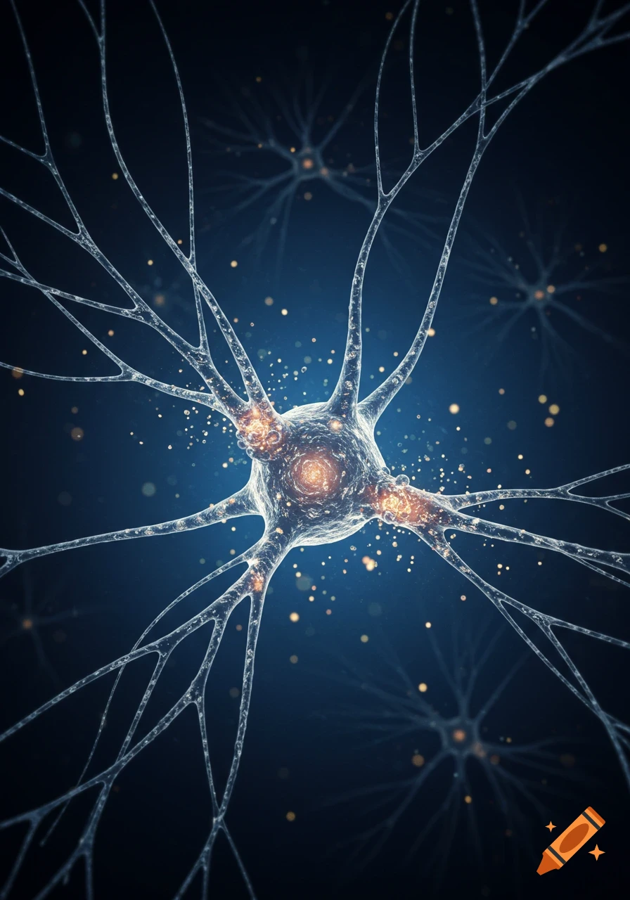 Detailed microscopic view of a neuron with branching dendrites and a glowing core against a dark blue background.