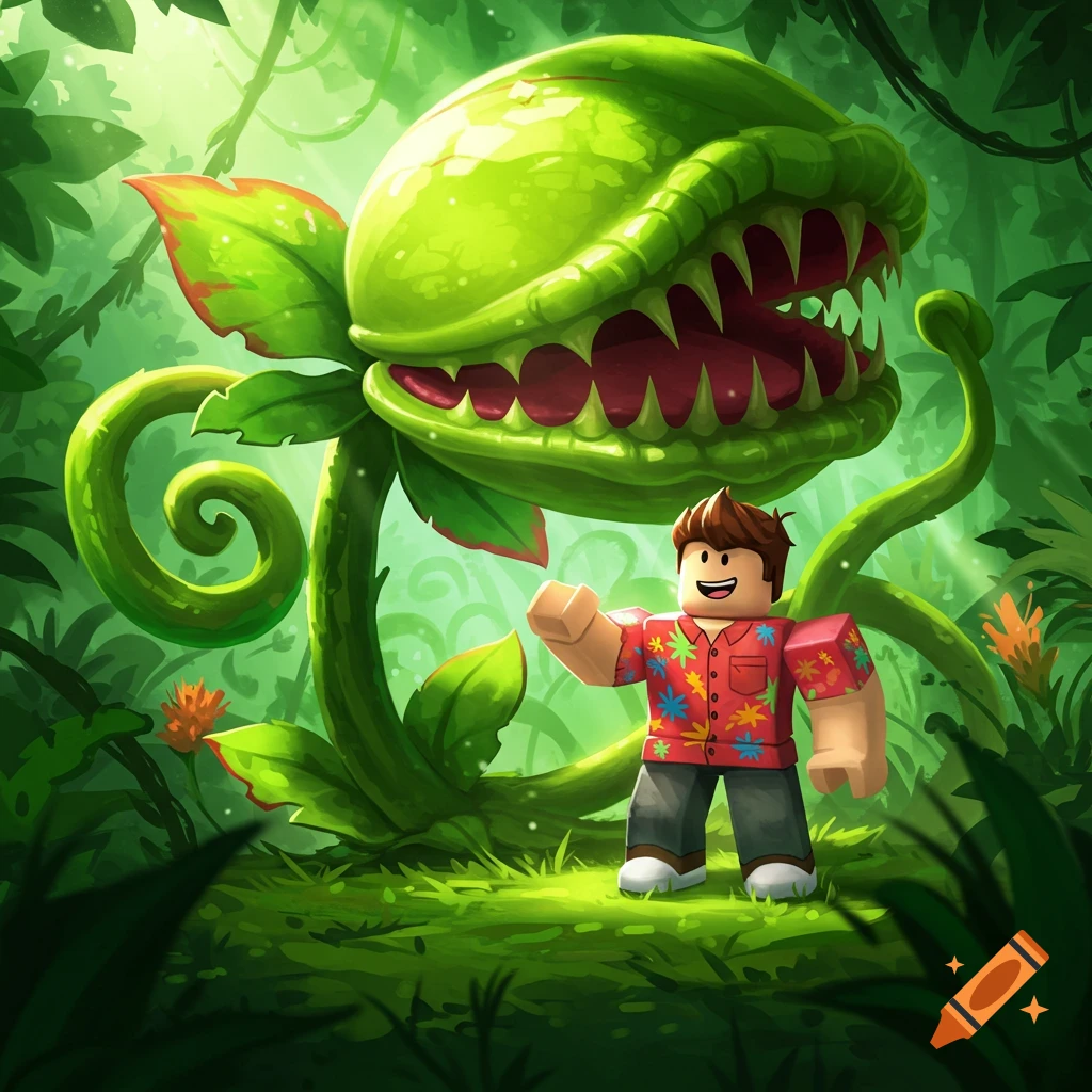 A Roblox character in a Hawaiian shirt stands in a lush jungle with a giant, cartoonish Venus flytrap behind them.