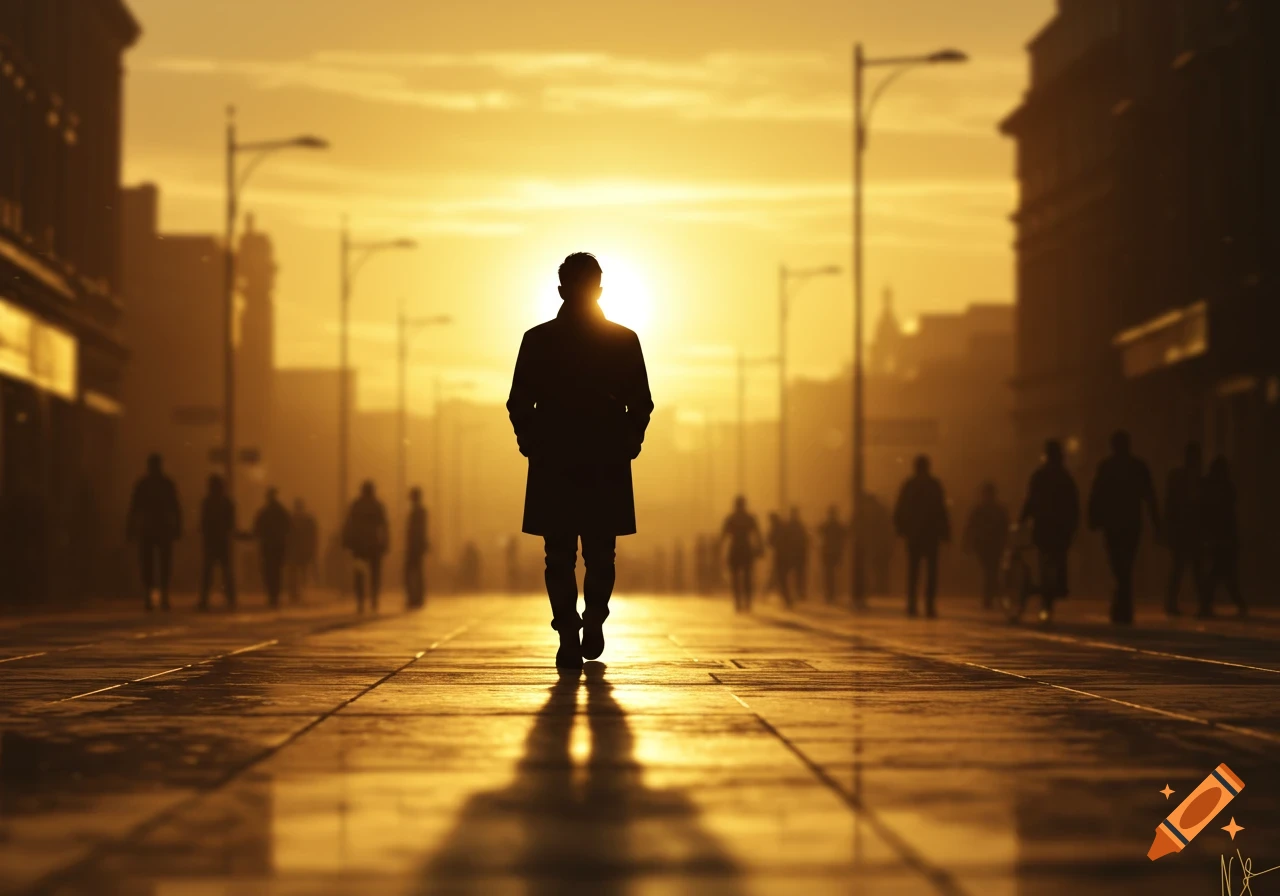 A lone person, silhouetted, walks down a city street glowing with golden light from a sunset or sunrise, reflecting on the wet pavement.