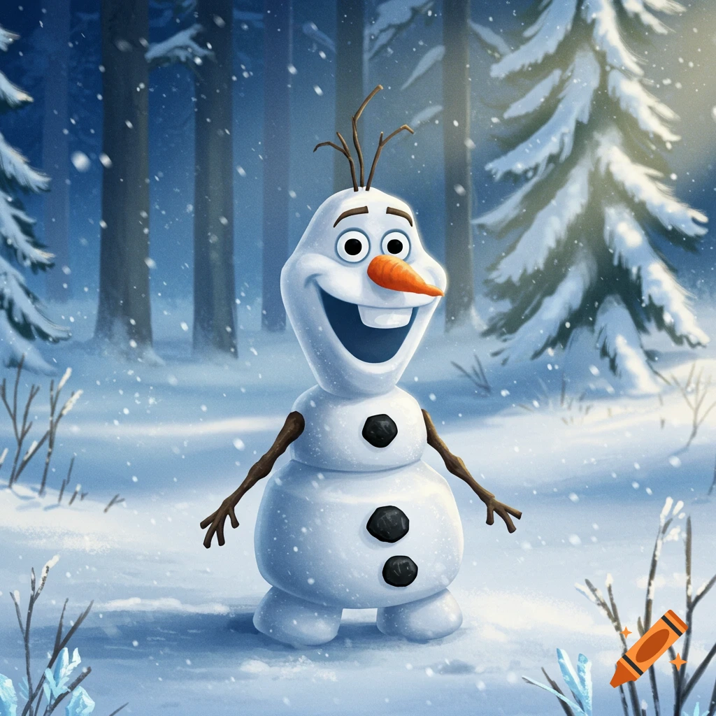 Olaf the snowman smiles broadly in a snowy forest, with pine trees visible through falling snow.