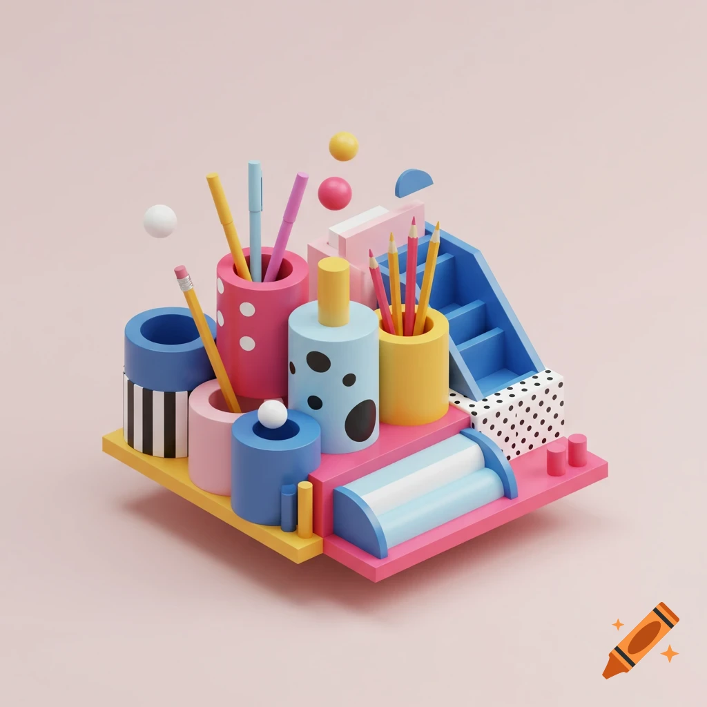A colorful isometric product design of a geometric desk organizer with pens and pencils on a light pink background.