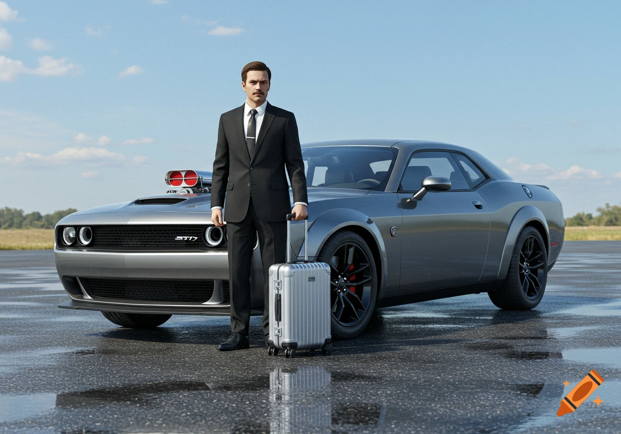 A man in a black suit and tie stands next to a gray Dodge Challenger, holding a silver suitcase. Photorealistic style.