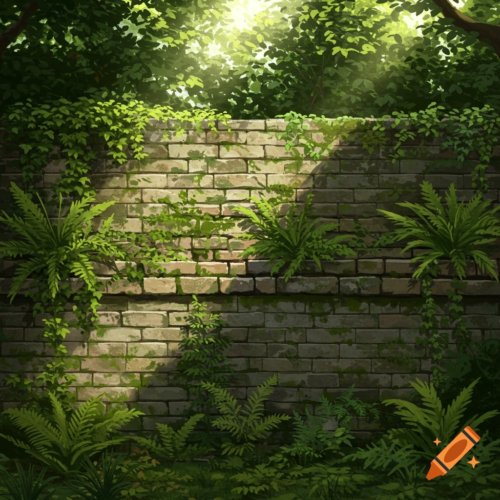 A weathered brick wall covered in lush green ivy and ferns, illuminated by sunbeams filtering through dense foliage above.