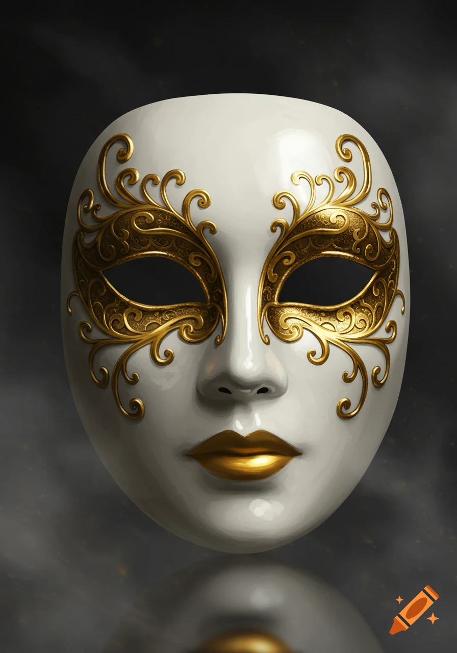 A white masquerade mask with ornate gold filigree around the eye areas and metallic gold lips, set against a dark background.
