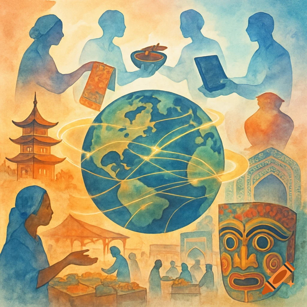 Watercolor illustration of globalization with a central globe, surrounded by people trading, a pagoda, an archway, and a mask.