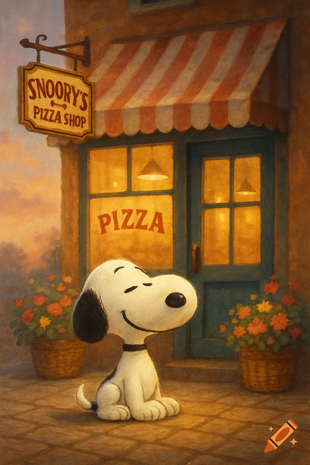 Snoopy sits smiling in front of a quaint pizza shop with a striped awning and flowers, in a nostalgic painterly style.