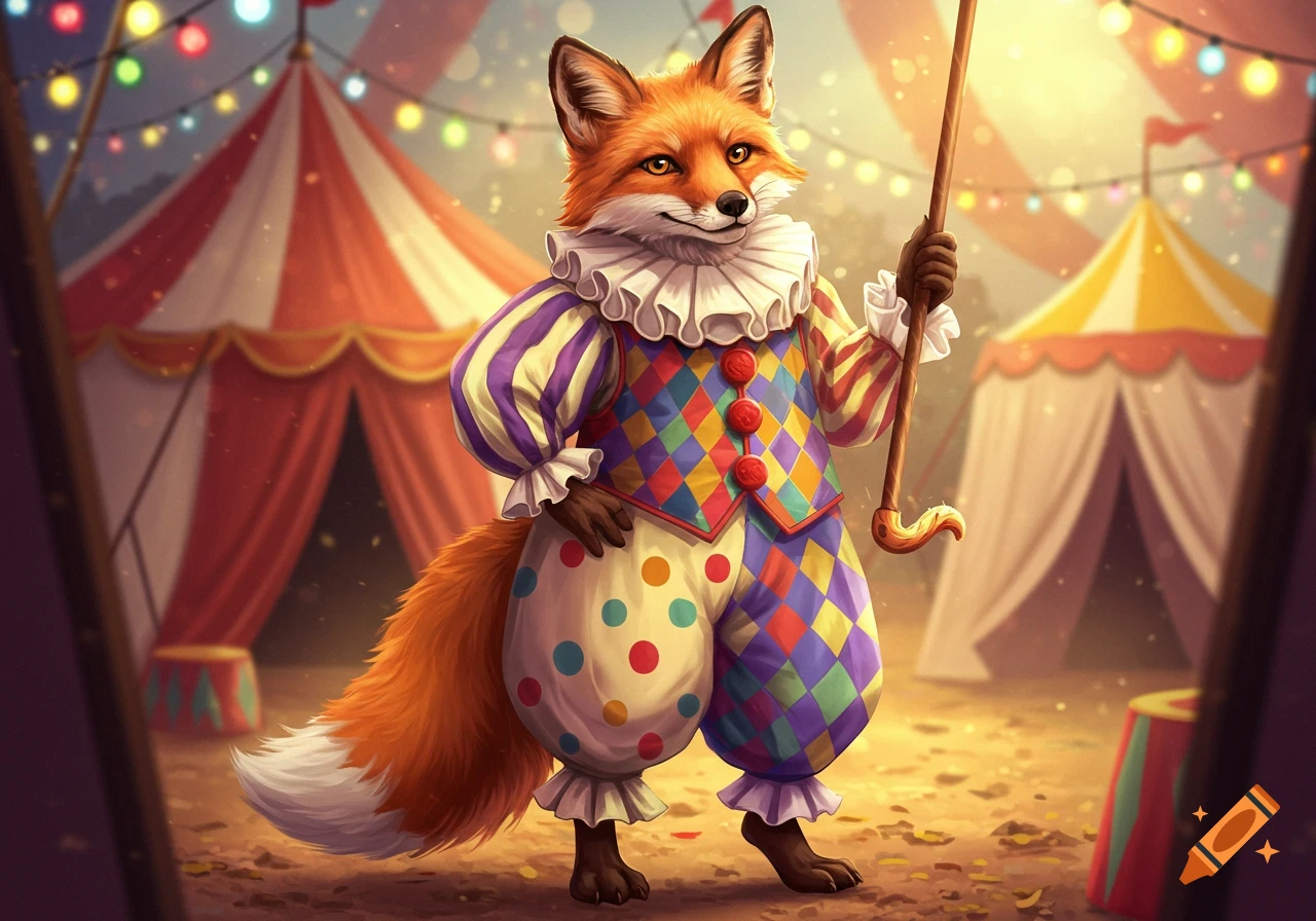 An anthropomorphic fox dressed in a colorful clown outfit holds a cane, standing in a brightly lit circus tent.