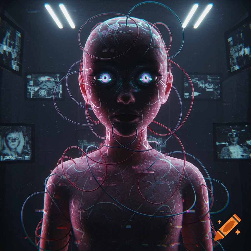 A red-skinned, wired humanoid figure with glowing cybernetic eyes in a dark, glitchy room with glowing monitors, in a cyberpunk horror style.