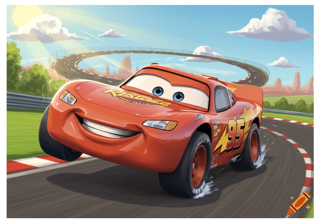 Lightning McQueen, a red cartoon race car with wide blue eyes and a big smile, skids on a racetrack. The scene is bright, with a looping road in the background under a blue sky.