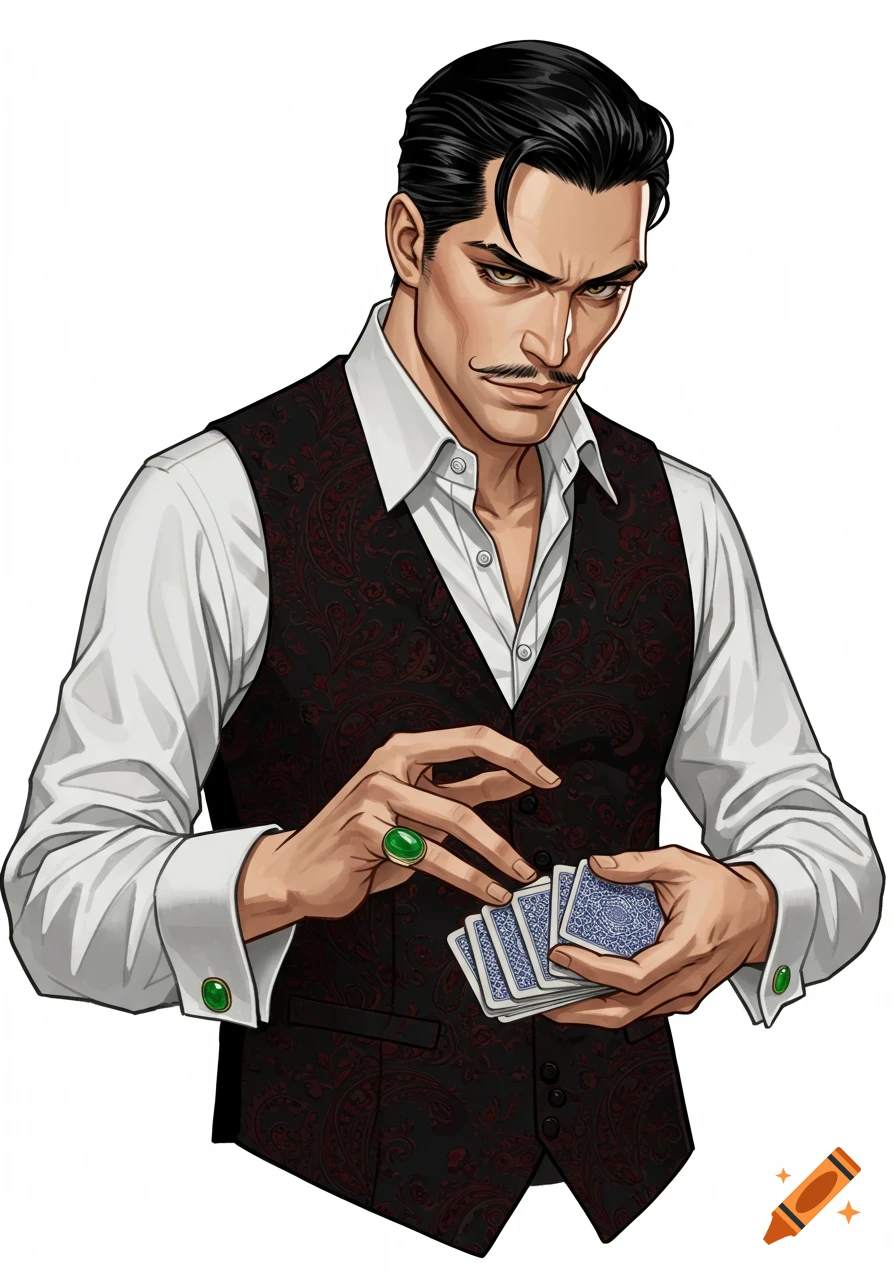 Stylized character art of a dapper man with a mustache, wearing a patterned vest, holding playing cards. He has a ring and cufflinks.