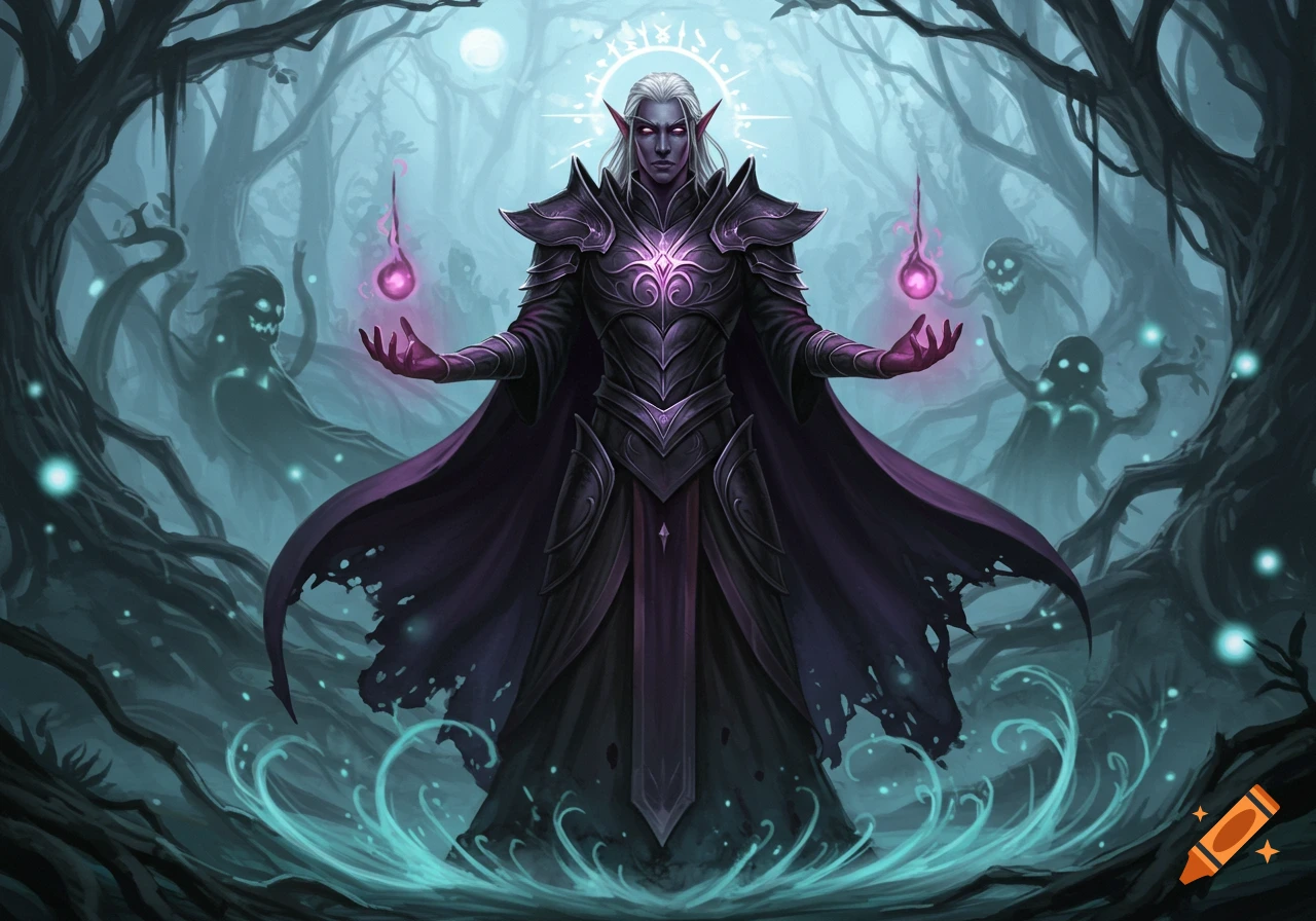 A dark elf sorcerer in black armor with glowing purple eyes and magic orbs, standing in a spooky, mist-shrouded forest with ghostly figures.