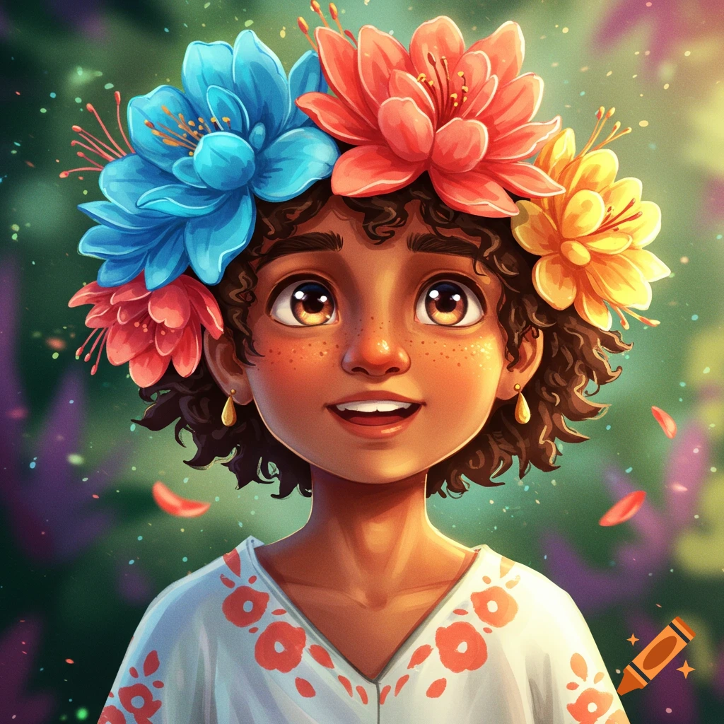 Anime-style portrait of a smiling child with dark curly hair and freckles, wearing a crown of blue, red, and yellow flowers.