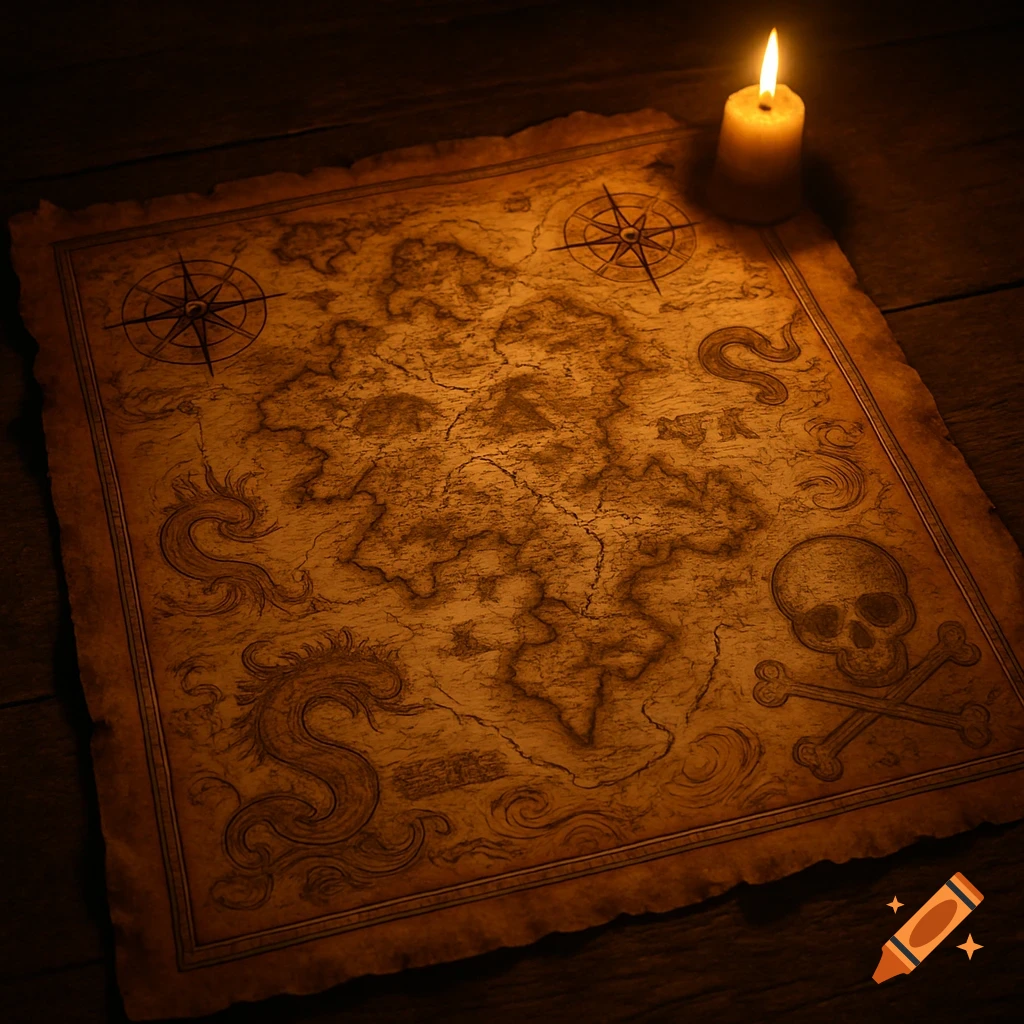 An old, stylized treasure map with compass roses, a skull and crossbones, and decorative dragons, lit by a candle on a wooden table.