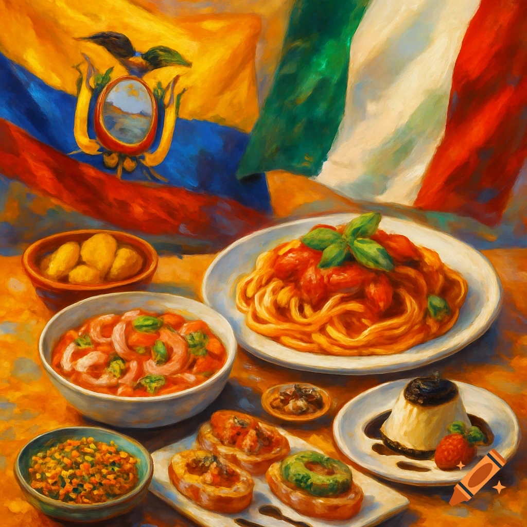 A vibrant painterly depiction of a table laden with Ecuadorian and Italian fusion dishes, set against the draped flags of both nations.