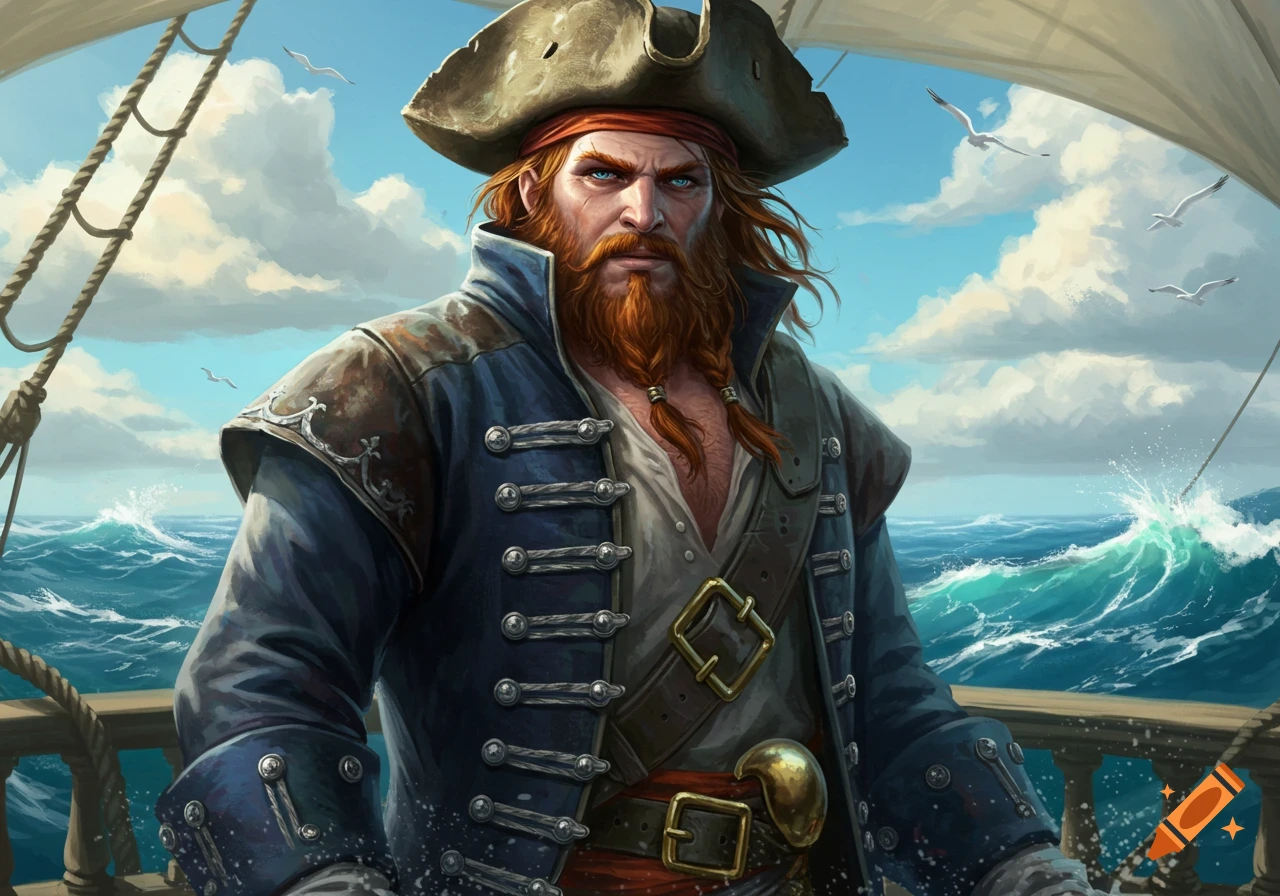 A rugged, red-haired pirate with a beard and blue eyes stands on a ship's deck, looking out at a stormy, wavy ocean under a cloudy sky.