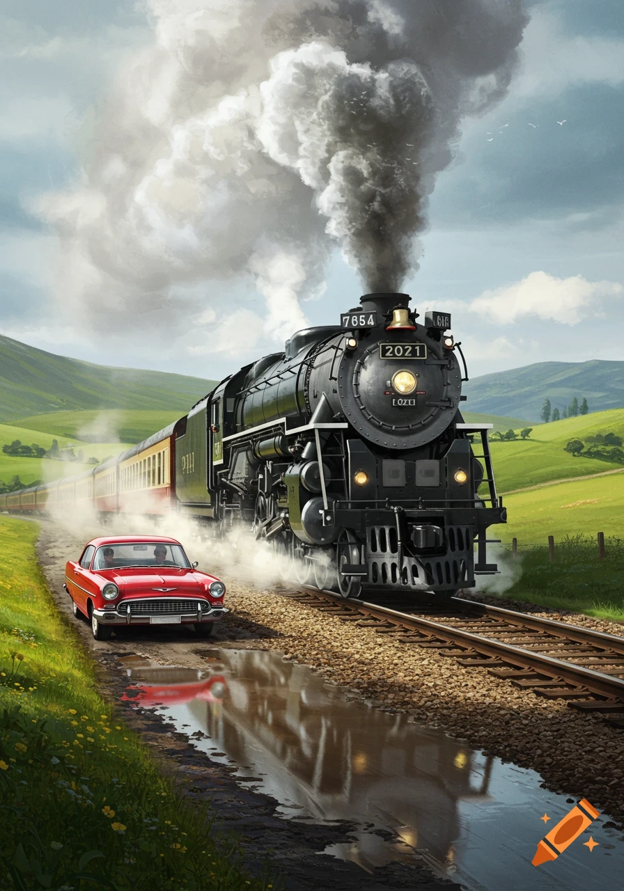 A black steam train emits smoke, moving alongside a red vintage car on a dirt road, through a green, hilly landscape under a cloudy sky.