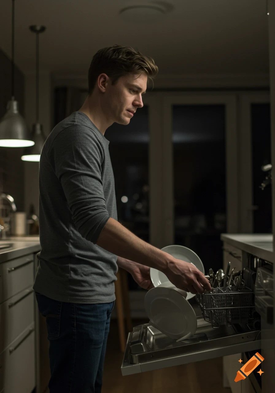 Candid photograph of a man loading dishes into a dishwasher in a modern kitchen during the evening.