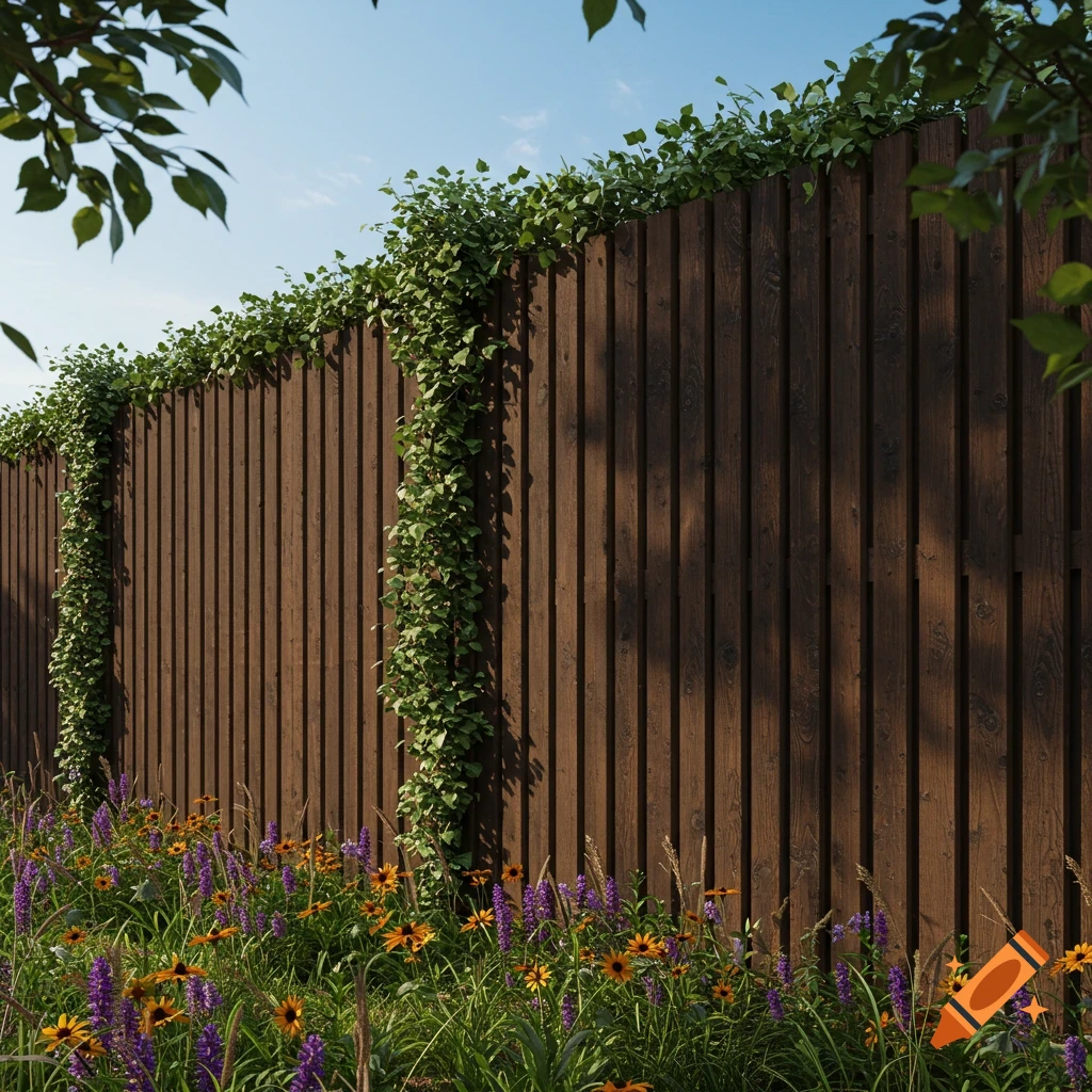 A dark wooden privacy fence with green ivy climbing it, surrounded by purple and yellow wildflowers under a clear blue sky.