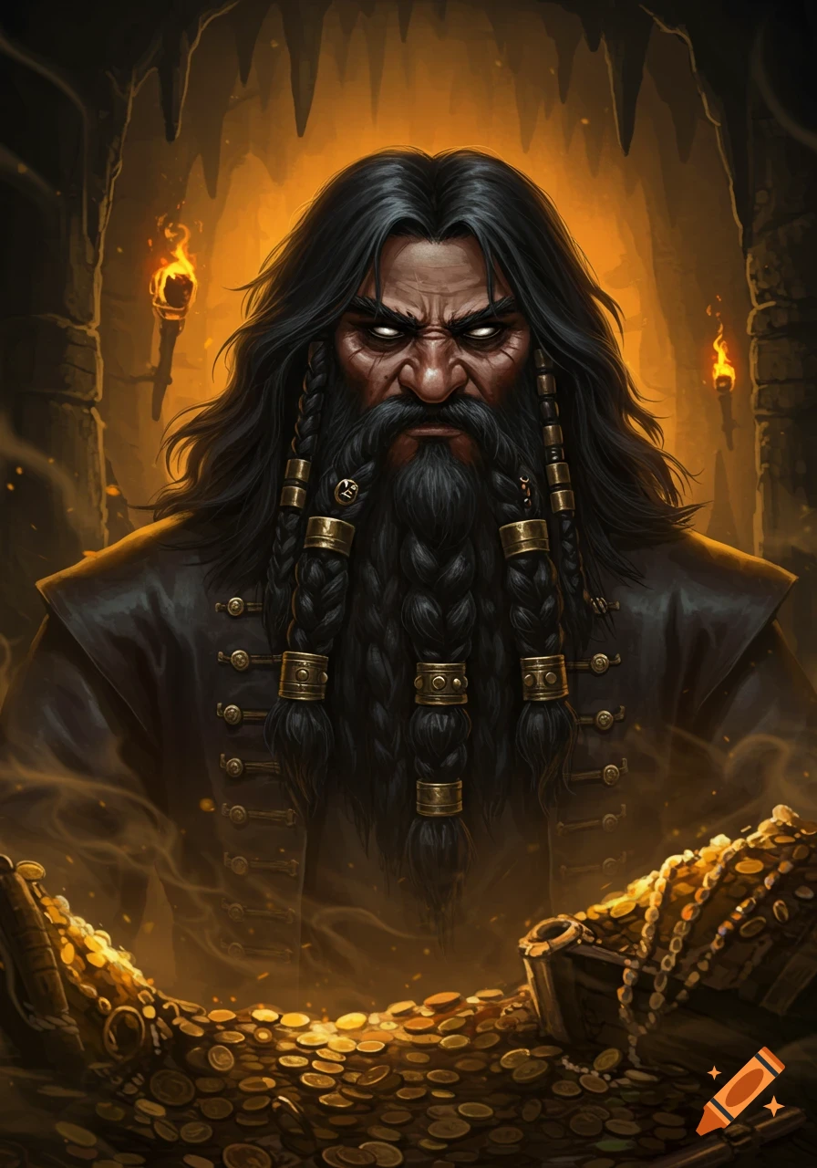 A stern, long-haired dwarf pirate with a braided beard stands amidst piles of gold treasure in a torchlit cave, fantasy art style.