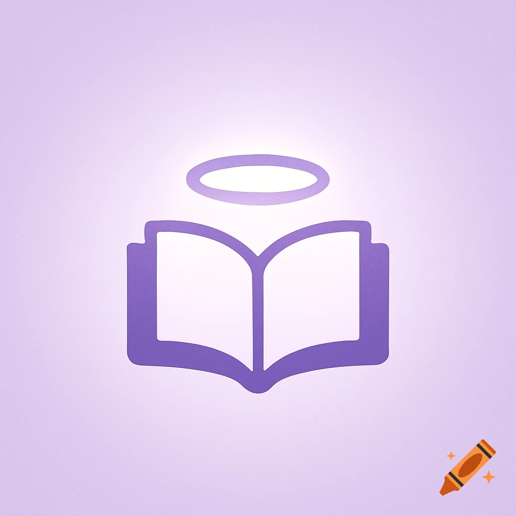Minimalist logo featuring a purple open book with a glowing halo above it, on a light purple background.