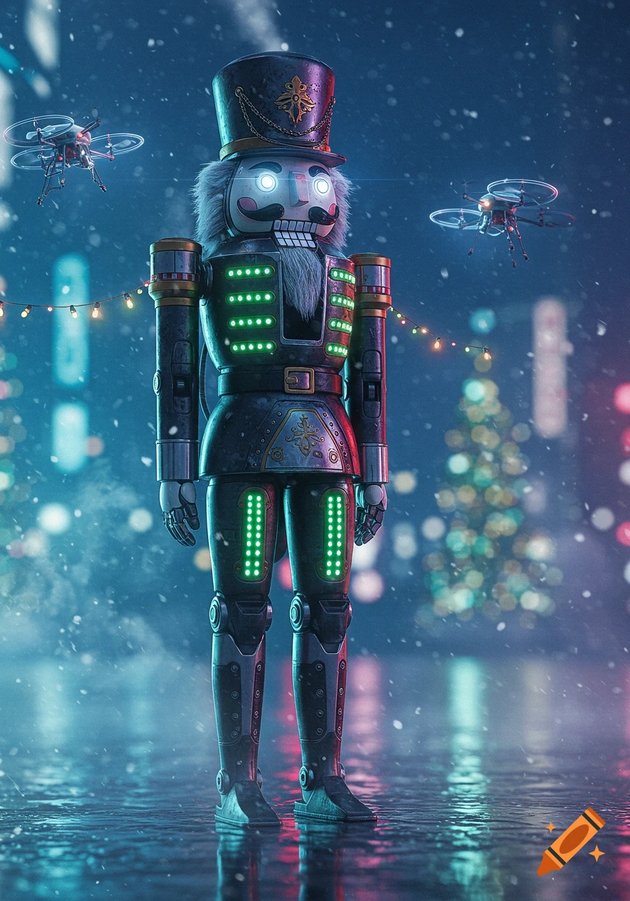 A photorealistic sci-fi robot nutcracker stands on a wet, snowy street in a cyberpunk city, with drones and a Christmas tree in the background.