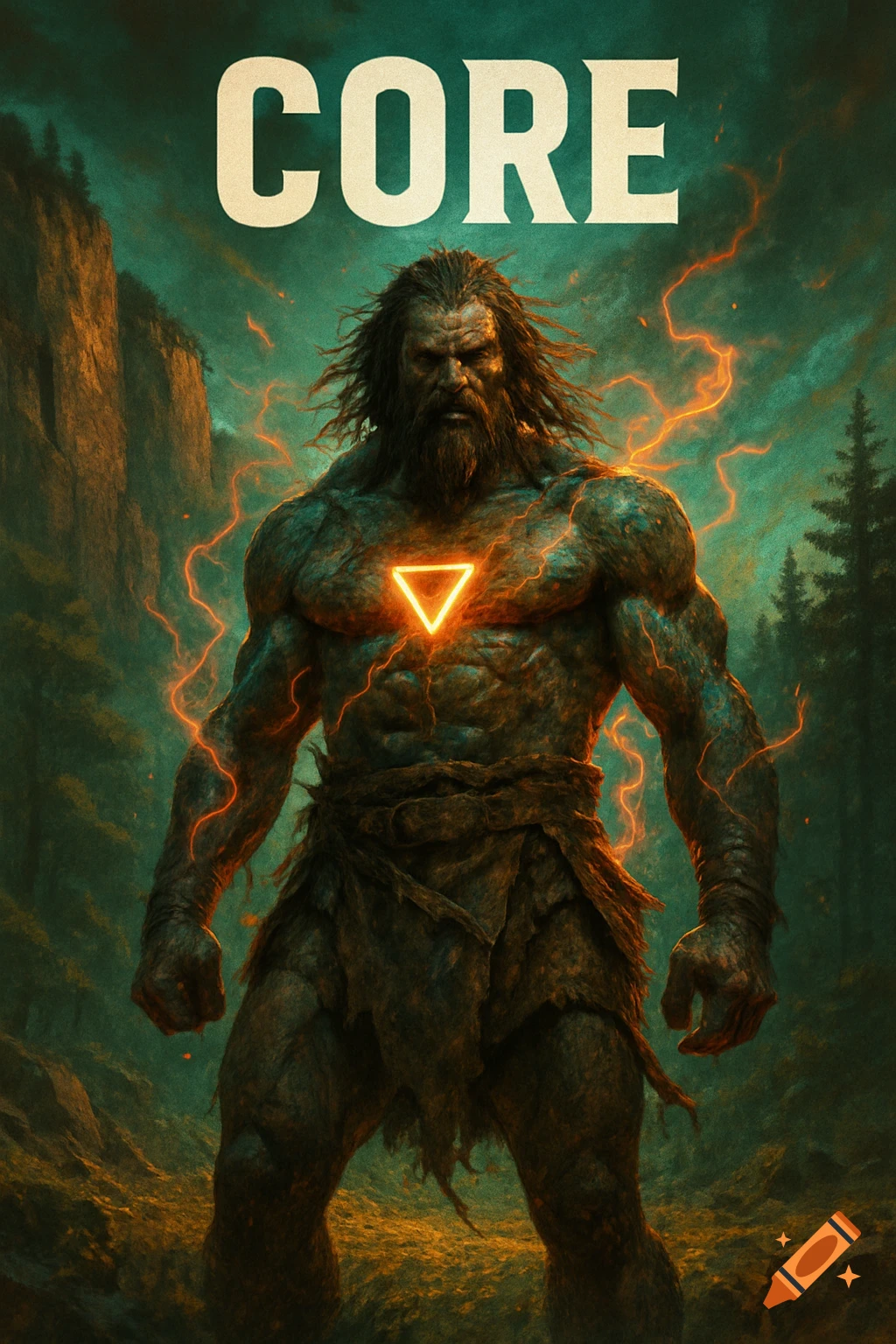 Cinematic poster of a muscular, bearded primal warrior with a glowing triangle on his chest and an electrical aura in a wilderness setting. Text reads 'CORE'.