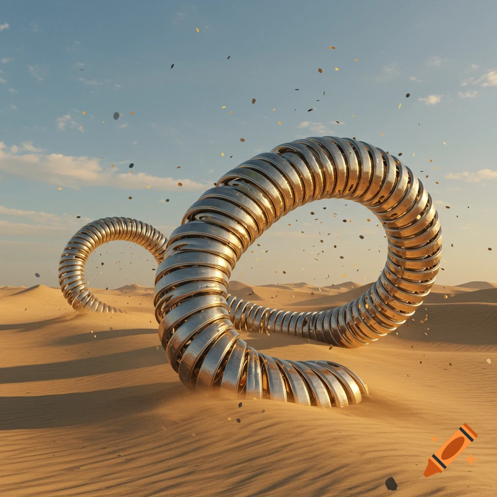 Two shiny metallic segmented ring-like structures snake across a sandy desert under a blue sky with scattered particles.