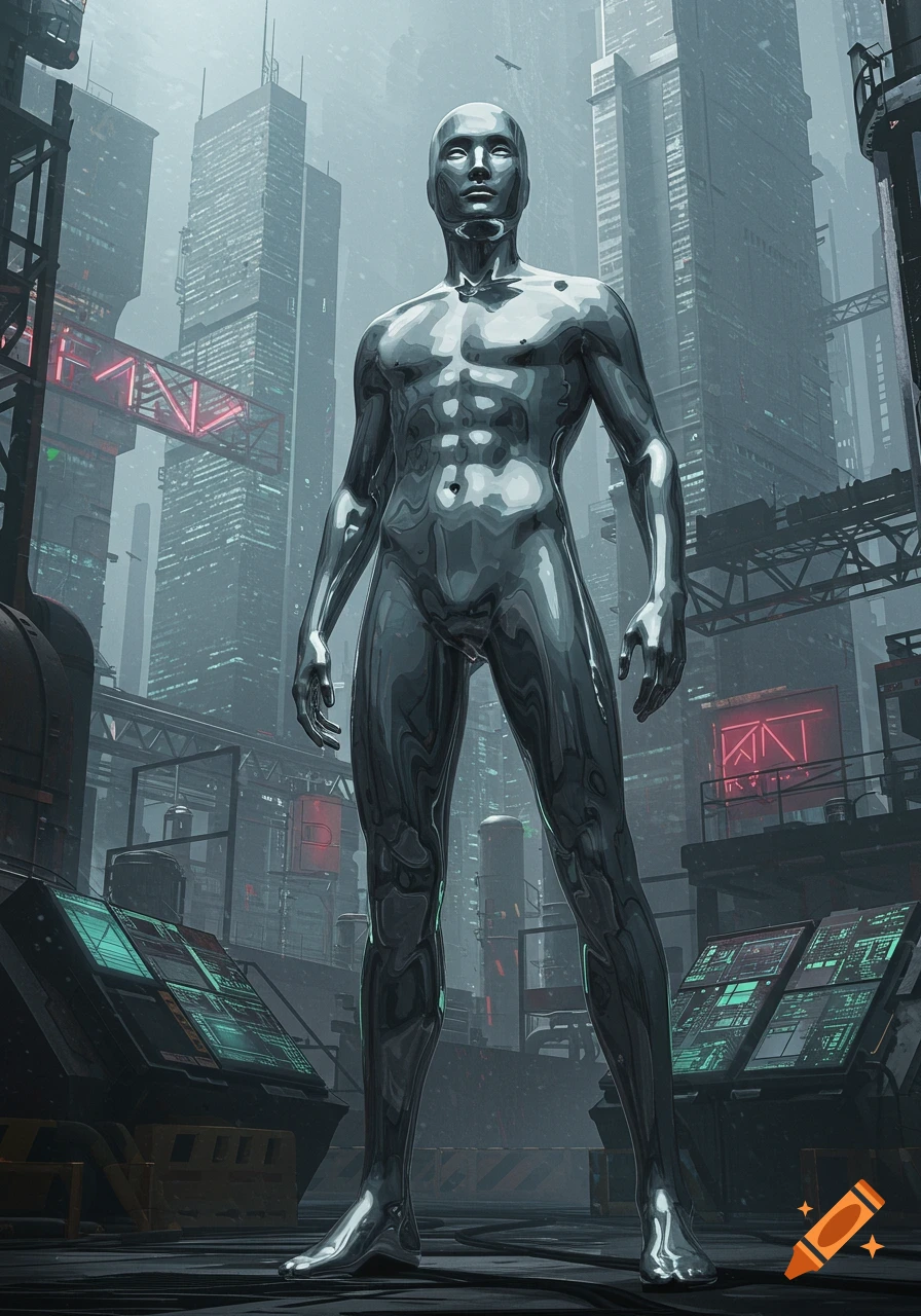 A tall, muscular, shiny silver humanoid figure stands in a dark, futuristic cyberpunk city with neon lights and tall buildings.