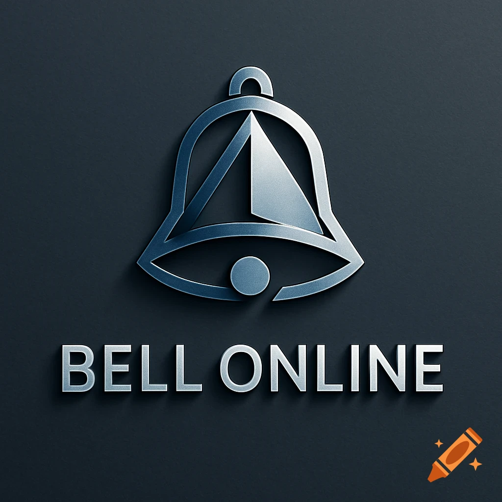 Metallic 3D bell logo with an abstract triangular design, above the words 'BELL ONLINE', on a dark textured background.