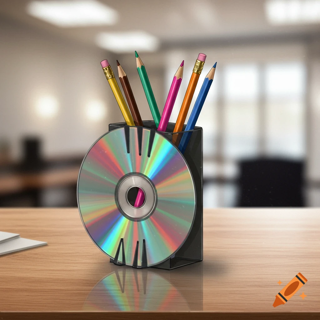 A colorful DVD disc holding several colored pencils on a wooden desk in a blurred office setting, in a concept sketch style.