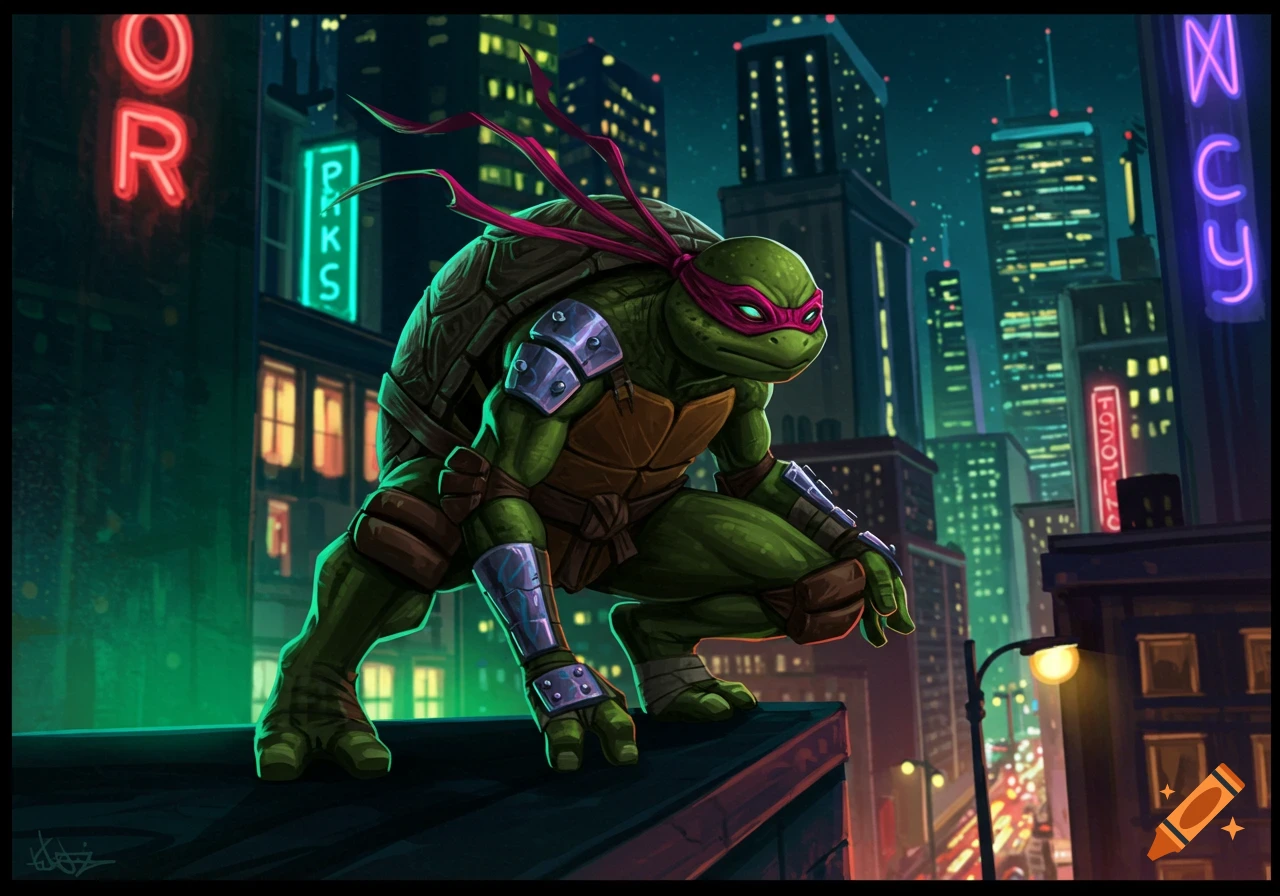 A ninja turtle in a purple mask crouches on a rooftop at night, overlooking a neon-lit city skyline in a comic art style.