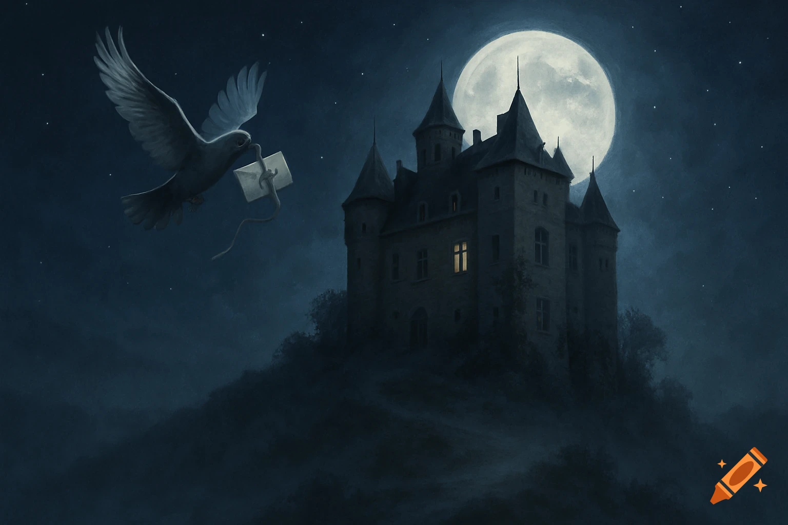 A dove carries a letter to a dark castle on a hill, bathed in moonlight, under a starry night sky.