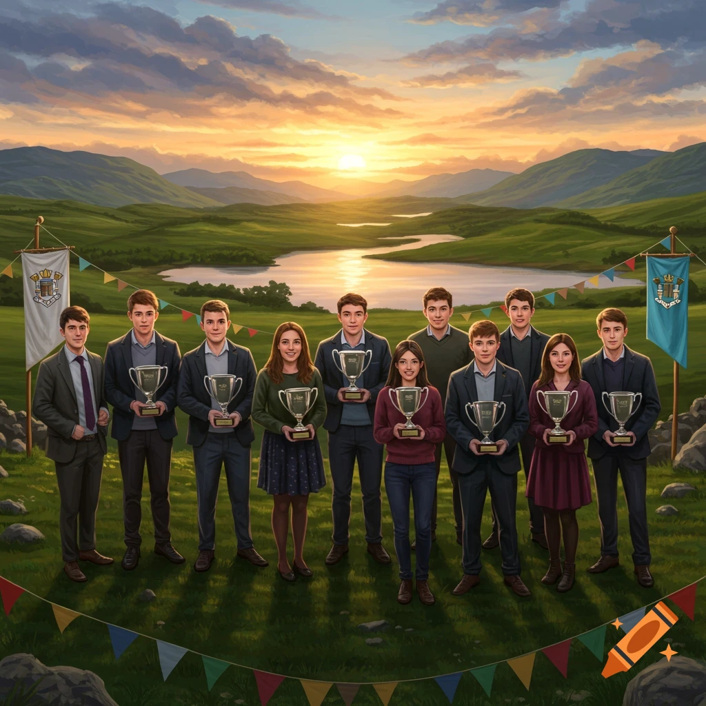 Young adults holding trophies in a sunset landscape with hills and a lake, celebrating their achievement.