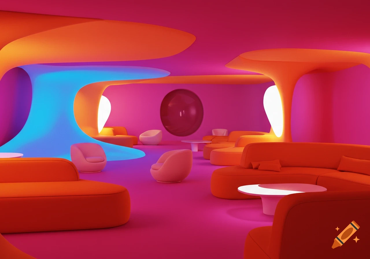 A vibrant, retro-futuristic lounge with organic pink and orange walls, curved sofas, white chairs, and glowing blue sculptural elements.